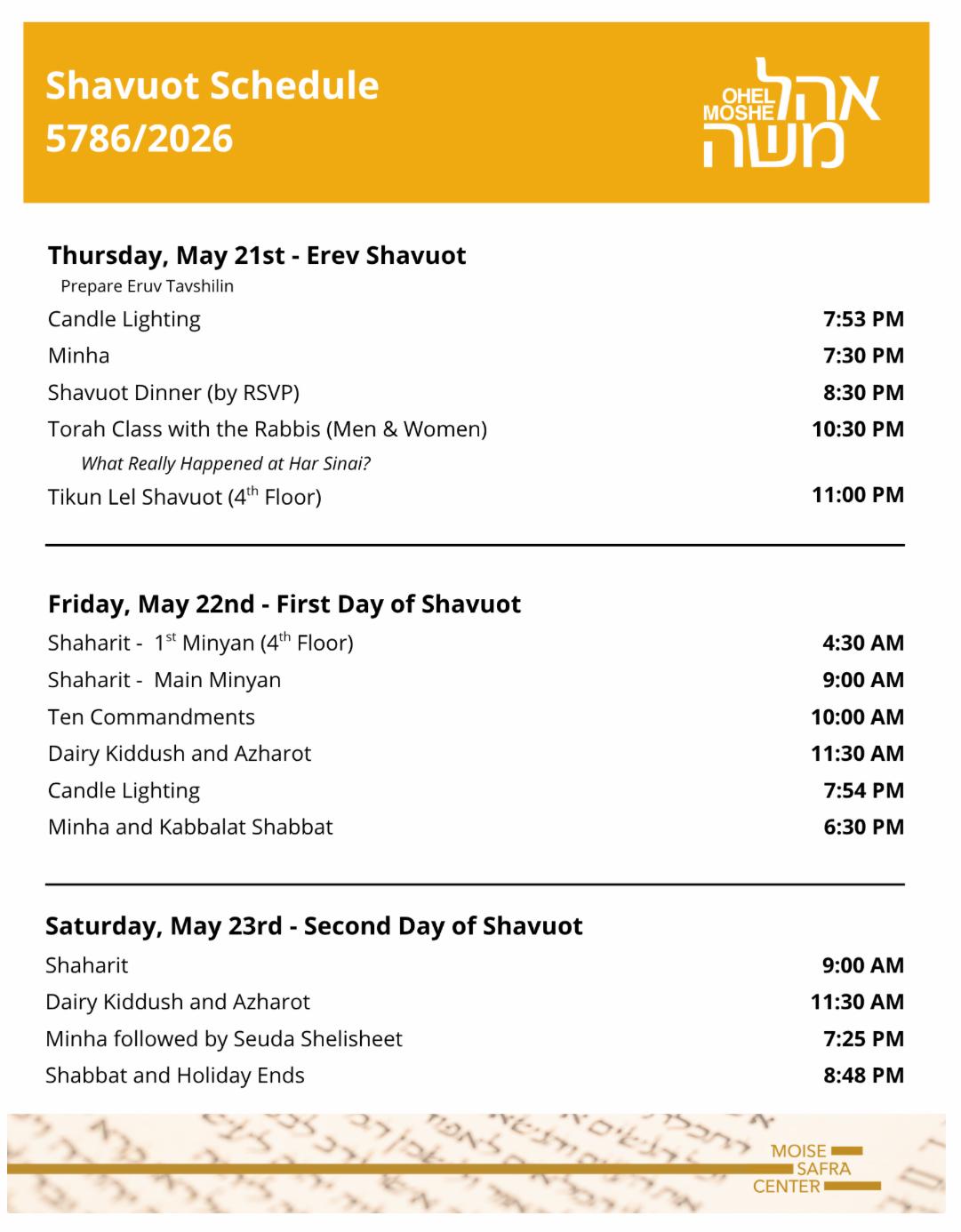 Shavuot Schedule